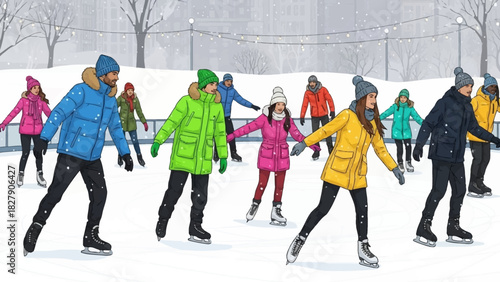 Group of people ice skating on an outdoor rink in winter, wearing colorful jackets.
