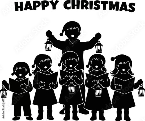 Happy christmas text above a silhouette of children and an adult singing carols with lanterns