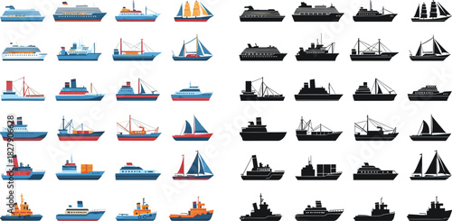 Ship illustrations, boat icons, colorful and silhouette, cruise, cargo, fishing, sailboat, yacht, military, marine, nautical, transport, watercraft, graphic, vessel types, 