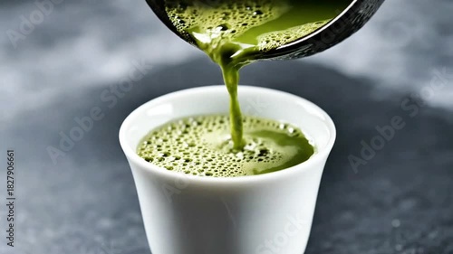 A white cup with green liquid pouring out of it. The cup is on a black surface. Concept of calmness and relaxation, as the green liquid is likely tea or a similar beverage
