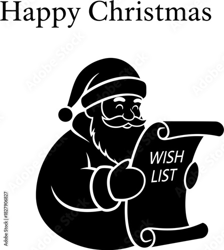 Santa claus silhouette reading a wish list scroll, with happy christmas text