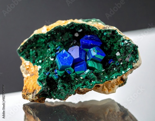 Bright mineral specimen with blue azurite and green malachite sits atop reflective surface, against dark background