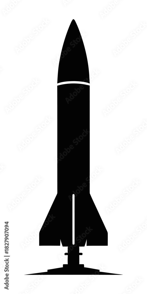 Fototapeta premium Black silhouette of a rocket or missile icon vector on a white background, symbolizing space, war, or technology