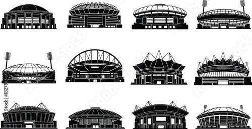 Stadium silhouette, sports arena, black vector, architectural icon, event venue, dome structure, floodlight design, modern stadium, arena illustration, sports infrastructure