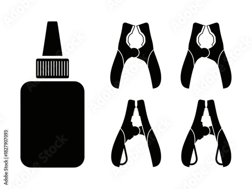 Black silhouette of a glue bottle and four spring clamps.