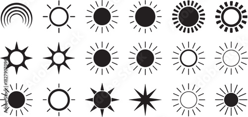 Collection of various black and white sun icon and symbol designs