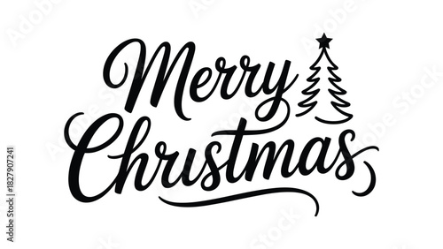 Merry Christmas hand drawn calligraphy lettering vector with cute decorated star pine tree icon; holiday typography for greeting cards, t-shirts, and posters.