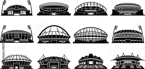Stadium silhouette, sports venue, black vector, architectural icon, arena design, dome structure, floodlight tower, event infrastructure, stadium illustration, sports facility