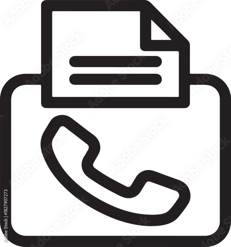 Black and white line icon representing a document or file being printed or sent via telephone communication