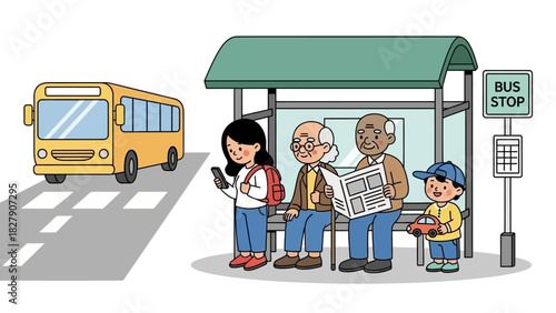 Diverse group of people patiently waiting at a bus stop for public transportation on a sunny day