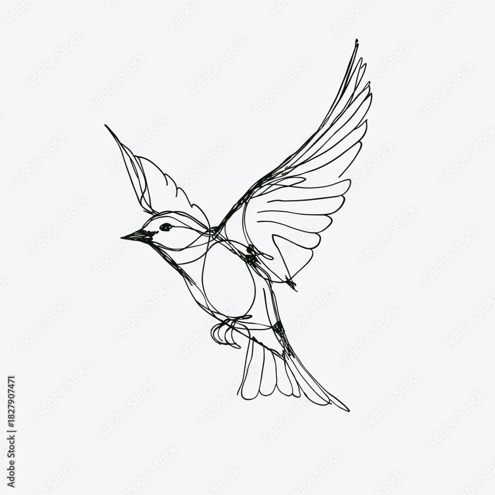 Fototapeta premium Elegant abstract line art of a bird in mid-flight, drawn with dynamic continuous strokes, ideal for decor, branding, nature themes, and modern design projects
