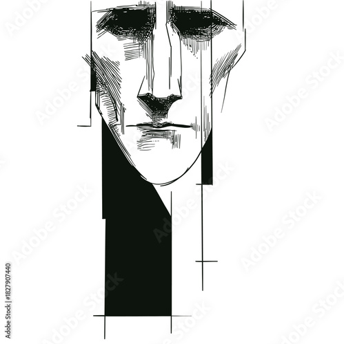 Abstract fragmented male face created with bold lines and geometric shapes. Minimal yet expressive line art portrait with modern graphic style