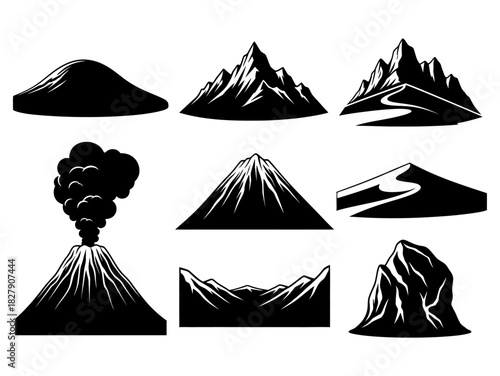 Collection of mountain silhouettes and a volcano erupting, representing natural landmarks and geological formations