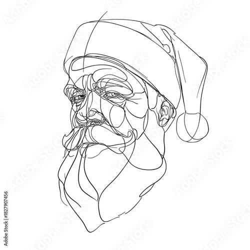 Abstract line art portrait of Santa Claus with expressive scribble strokes. Unique artistic Christmas illustration suitable for holiday design, prints, and decor