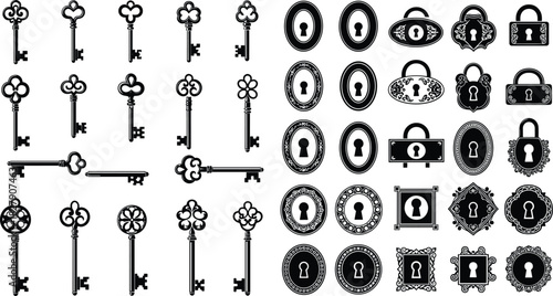 Vintage key icons, antique lock silhouettes, ornate keyhole graphics, black vector set, decorative design elements, retro security symbols