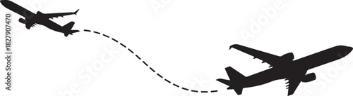 Silhouette of two airplane taking off and landing with dashed flight path