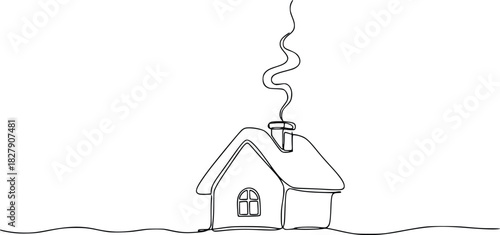 Cozy house with smoking chimney, drawn with one continuous line, creating a minimalist and modern design
