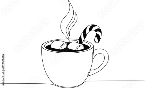 A cup of hot chocolate with marshmallows and a candy cane, perfect for a cozy winter treat or holiday celebration