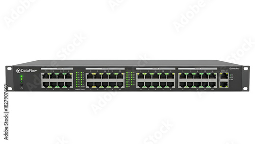 Front view of a dark gray network switch with numerous Ethernet ports and status lights