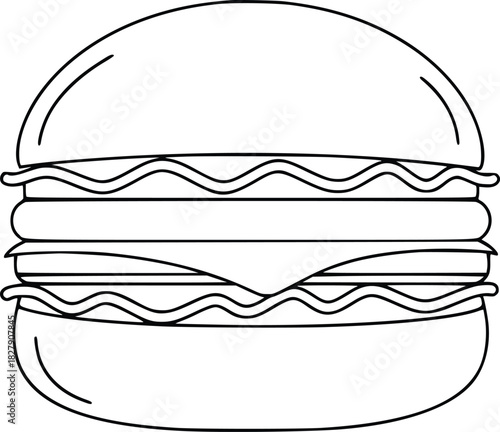 Illustration of a delicious burger with cheese and meat, perfect for coloring books or educational materials