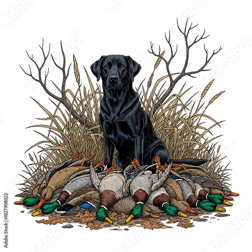 Black Labrador retriever hunting dog sitting proud next to a large pile of harvested mallard ducks