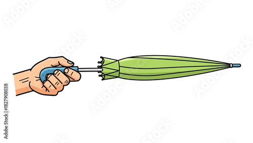 A human hand securely holding a folded light green umbrella, depicted in a classic cartoon vector style
