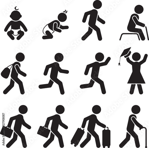 Set of black silhouette icons depicting human life stages from baby to senior