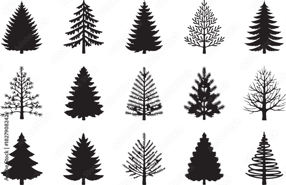 Obraz premium Collection of fifteen stylized evergreen tree silhouettes and outline drawing