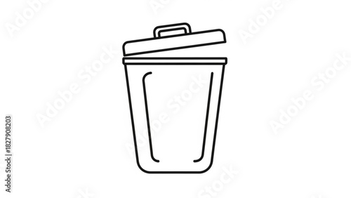 Simple black and white line art icon of a trash can or waste bin with the lid slightly ajar