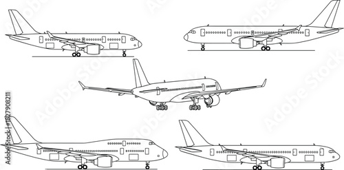 Set of commercial airplane line art, passenger jet vector collection, aviation transport side view, black and white outline design, technical schematic, travel concept