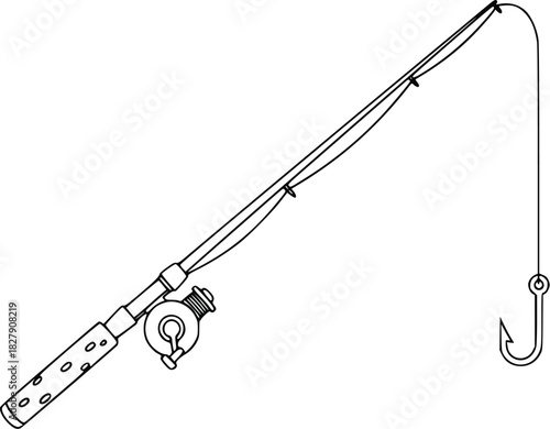 Fishing rod with hook, a simple line drawing of angling equipment for catching fish in rivers and lakes