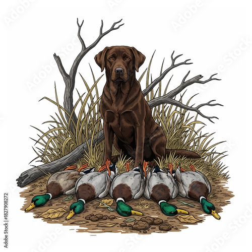 Chocolate Lab hunting dog sitting with a row of five dead mallard ducks on the ground
