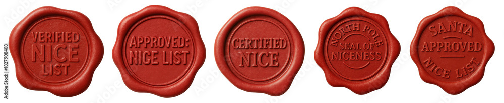 Obraz premium Set of red wax seals for Santa’s nice list with North Pole approval and certified Christmas stamp designs