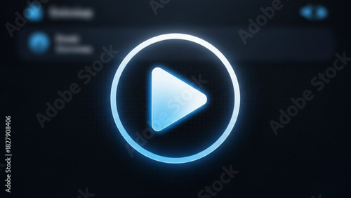 Glowing blue neon play button icon on a dark background, symbolizing media playback, start, or digital entertainment interface element