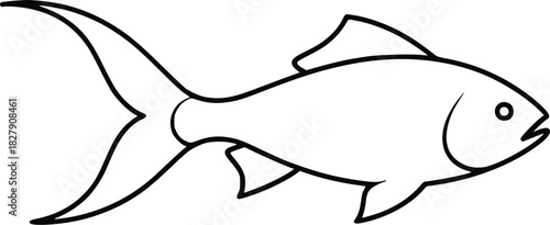A simple line drawing of a fish with a large tail and dorsal fin