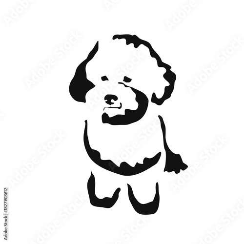 Vector drawing of a dog. Black and white gestalt design of a funny pet. Little doggy. Cute animal illustration. Postcard for International Dog Day. Drawing of an animal in the Gestalt style.	
