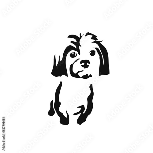 Vector drawing of a dog. Black and white gestalt design of a funny pet. Little doggy. Cute animal illustration. Postcard for International Dog Day. Drawing of an animal in the Gestalt style.	
