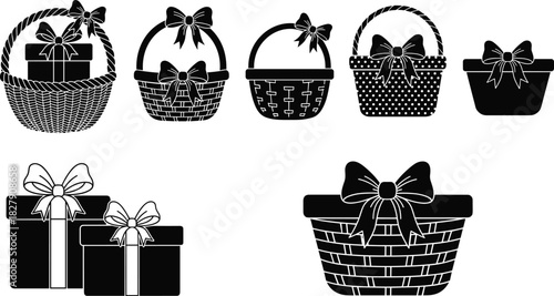 Set of woven gift baskets and wrapped presents with bows, created in black silhouette style for holiday celebration graphics, anniversary gifts, and festive package icons