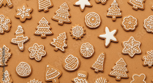 Gingerbread cookies assortment festive holiday treats decorated with icing.