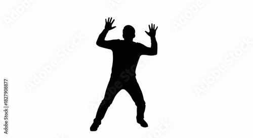 Silhouette of a person with arms raised in a gesture of surrender or defense.