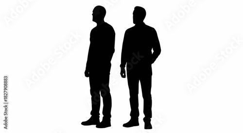 Two men standing side by side in silhouette.