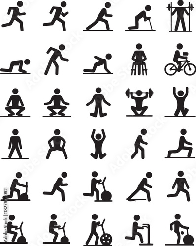 Collection of black silhouette icons representing various fitness exercise and sport activity pictograms