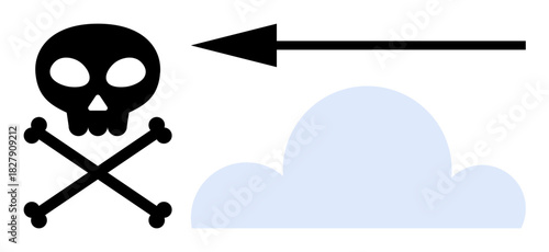 Cybersecurity concept. Skull and crossbones with cloud and arrow online threats, hacking, and data security risks. Cybersecurity safeguards online data integrity. Perfect for tech, online safety