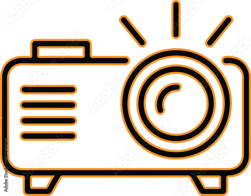 Simple line art icon of a digital projector with light rays