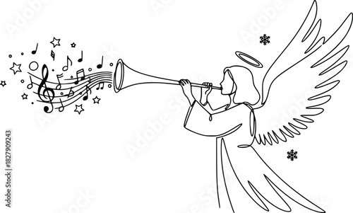 An angel with wings and a halo blows into a trumpet, from which musical notes and stars fly out