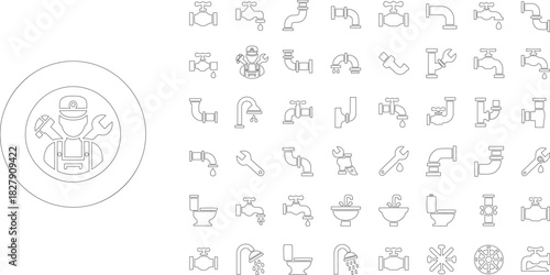 A comprehensive collection of line art icons depicting plumbing services and sanitary ware