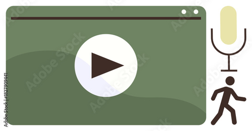 Media player window with play button, standing microphone, and walking figure. Ideal for podcasting, webinars, streaming, digital content, multimedia, broadcasting simple flat metaphor