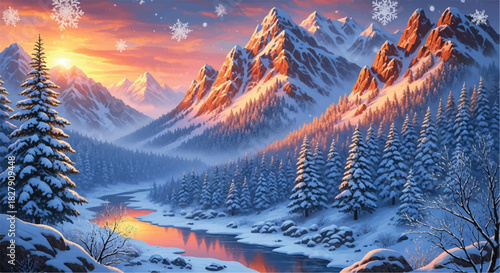 Winter Landscape with Snow-Capped Mountains and Frozen River at Sunset.