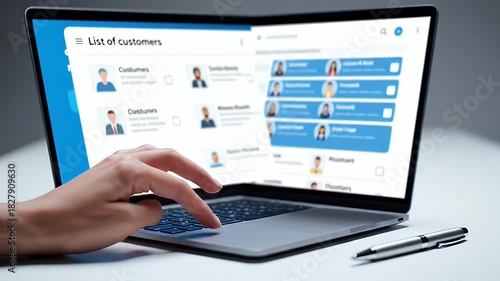 Hand Using Laptop Trackpad with Blue Online Network Interface on White Table Background with Pen Modern Workspace Connection Technology Business Solution