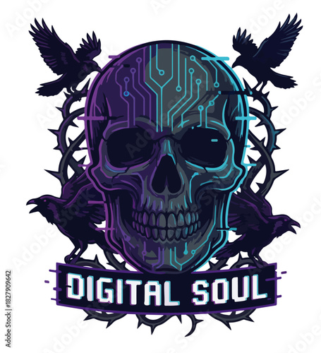 A cyberpunk skull with circuit board patterns, surrounded by thorny branches and four crows, with 'Digital Soul' text.